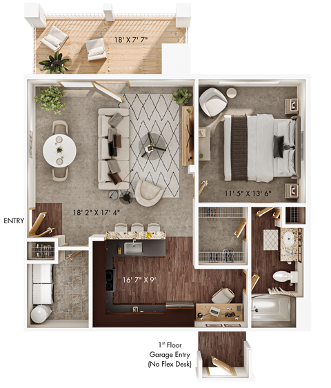 Floor plan for 1 bed, 1 bath, 858 sqft